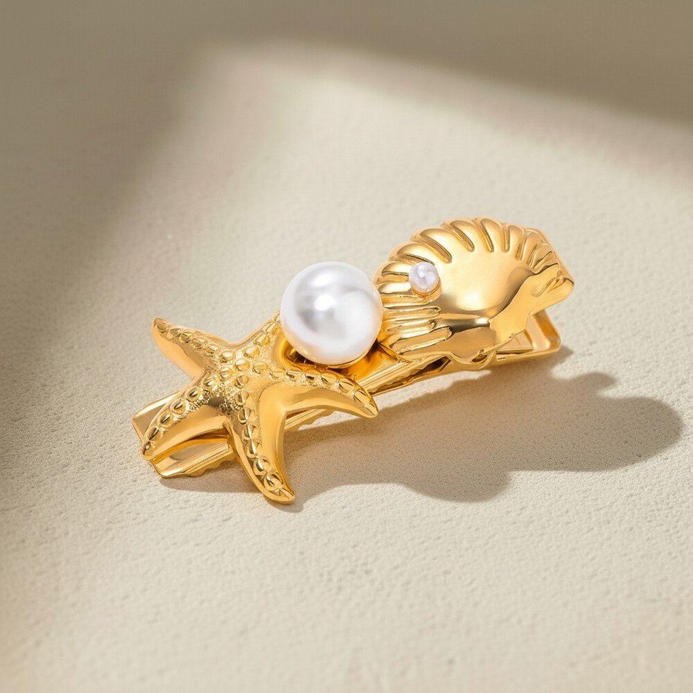 18K Gold Plated Stainless Steel Starfish Shell Pearl Mini Hair Clip Coastal